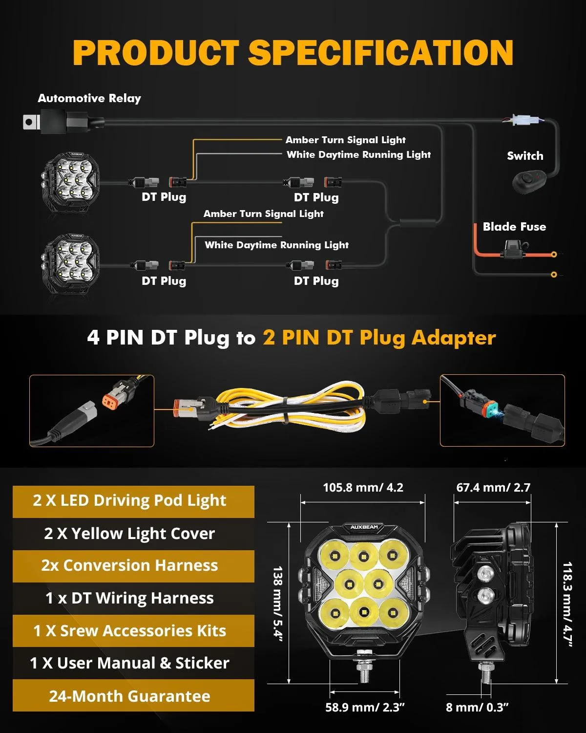 CUBE-Z Series 4 Inch LED Pod Lights Off Road Lights with White DRL & Amber Turn Signal Lights