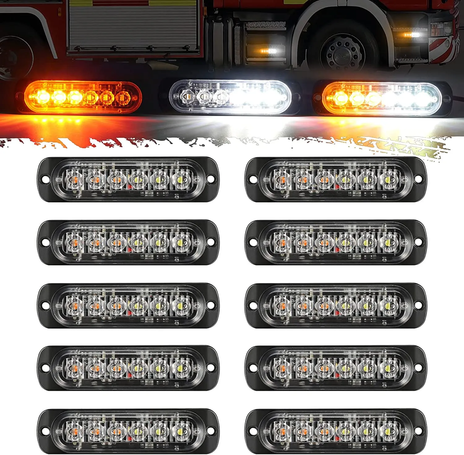 Partsam 10pcs LED Emergency Strobe Lights, Amber White 6LED Warning Flashing Light Lamps, Caution Construction Hazard Light for Truck Car Vehicle Van Off Road ATV SUV, Surface Mount,12V
