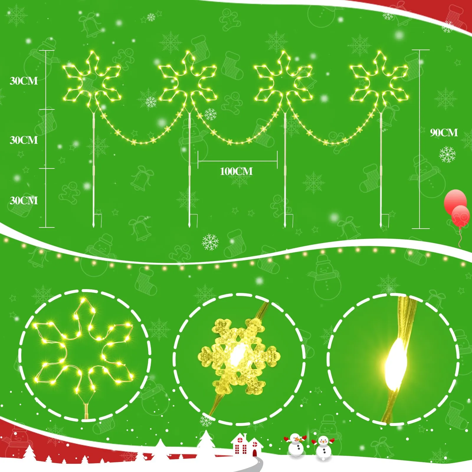 Quntis Christmas Pathway Lights Outdoor Decoration, 90cm 4Pack 176 LED Snowflake Christmas Path Lights Warm White & 8 Modes Timer Memory Function, Outdoor Snowflake Stake Lights Decor Garden Yard Lawn