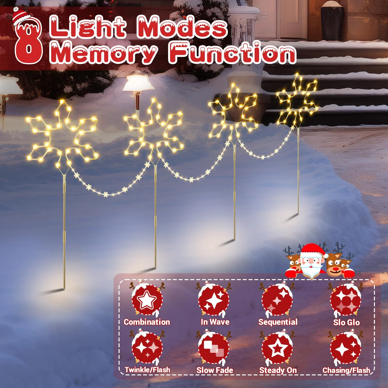 Quntis Christmas Pathway Lights Outdoor Decoration, 90cm 4Pack 176 LED Snowflake Christmas Path Lights Warm White & 8 Modes Timer Memory Function, Outdoor Snowflake Stake Lights Decor Garden Yard Lawn