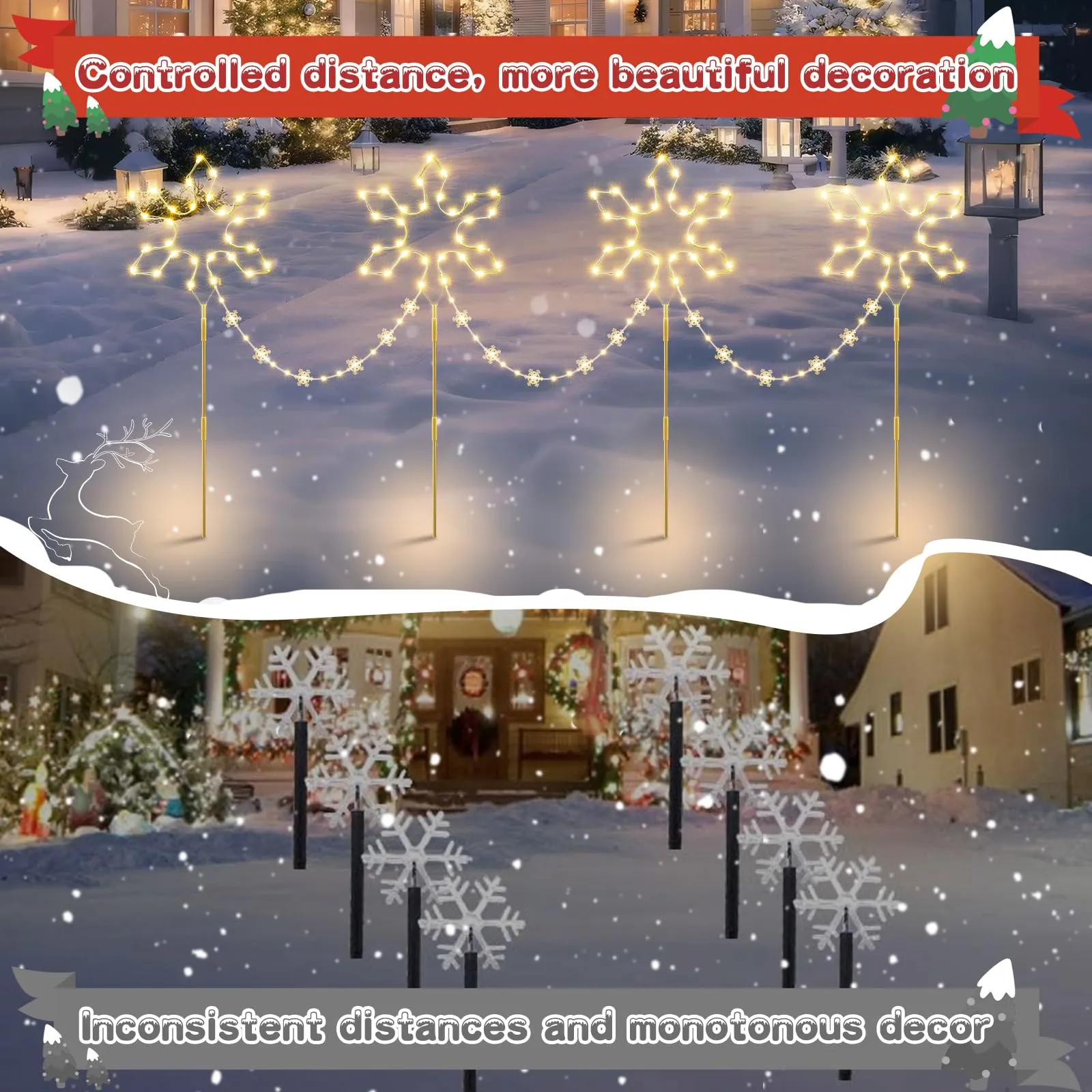 Quntis Christmas Pathway Lights Outdoor Decoration, 90cm 4Pack 176 LED Snowflake Christmas Path Lights Warm White & 8 Modes Timer Memory Function, Outdoor Snowflake Stake Lights Decor Garden Yard Lawn