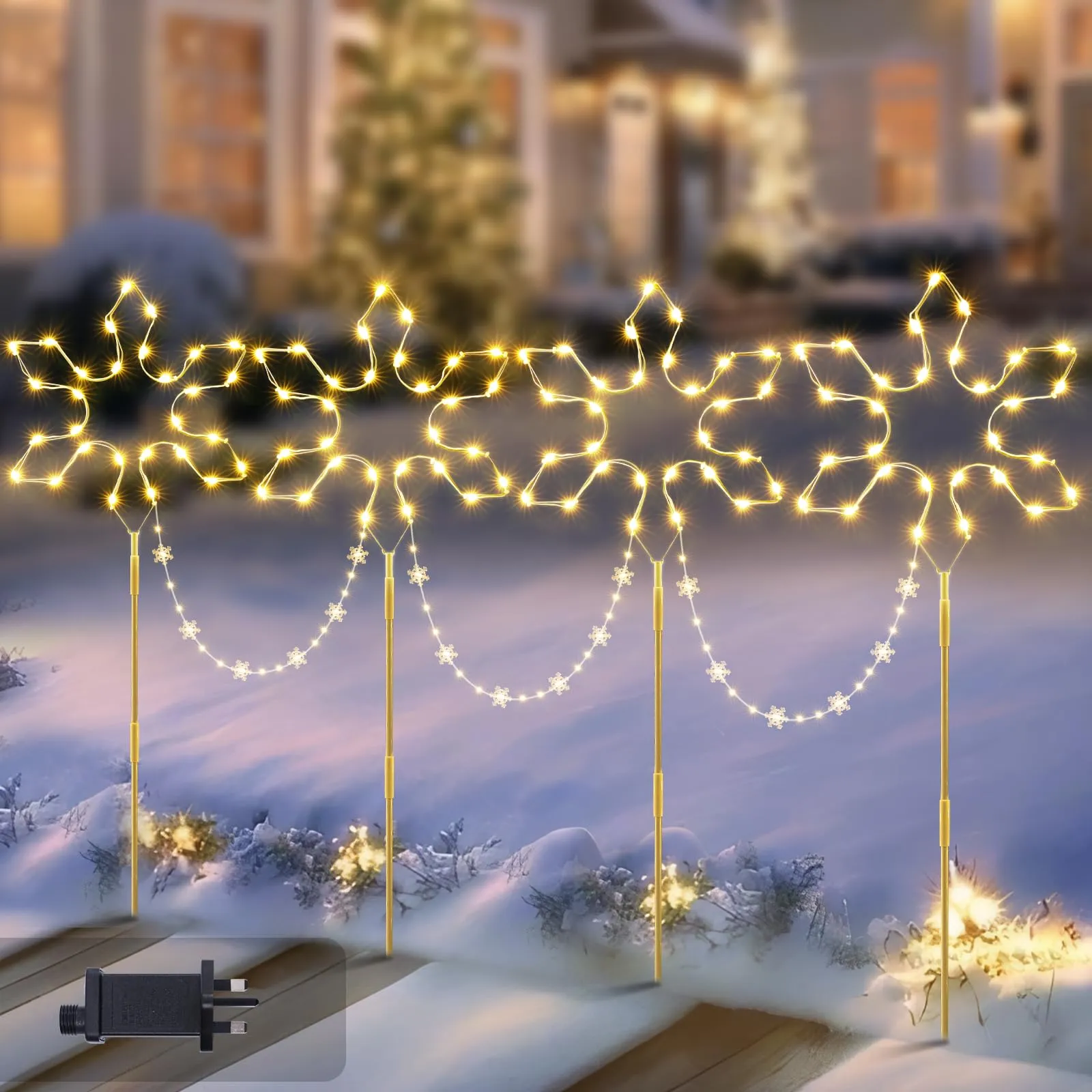 Quntis Christmas Pathway Lights Outdoor Decoration, 90cm 4Pack 176 LED Snowflake Christmas Path Lights Warm White & 8 Modes Timer Memory Function, Outdoor Snowflake Stake Lights Decor Garden Yard Lawn