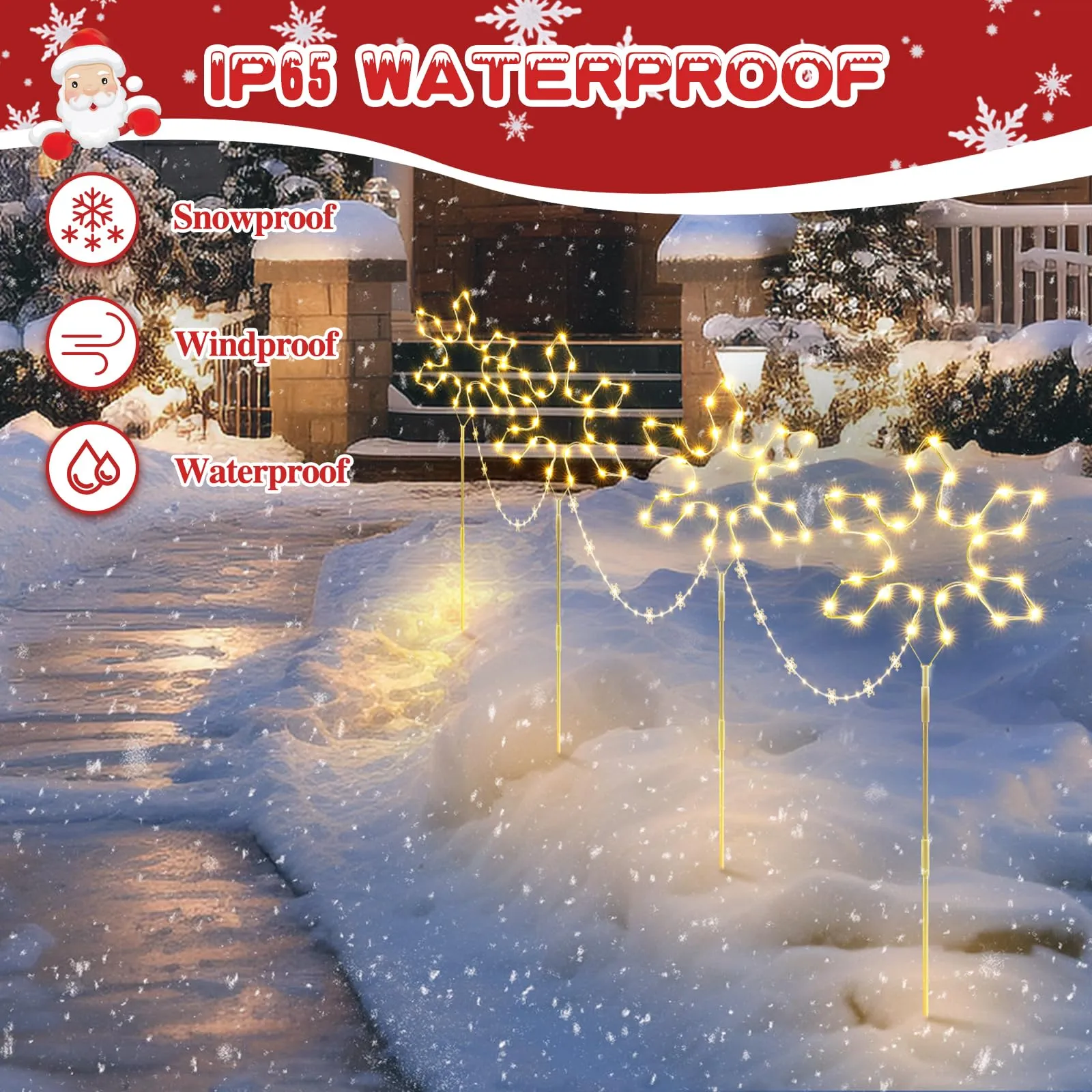 Quntis Christmas Pathway Lights Outdoor Decoration, 90cm 4Pack 176 LED Snowflake Christmas Path Lights Warm White & 8 Modes Timer Memory Function, Outdoor Snowflake Stake Lights Decor Garden Yard Lawn