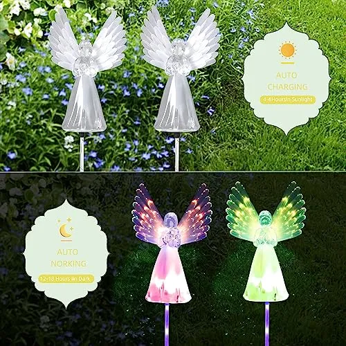 Rirool 2 Pack Solar Angel Lights, Solar Powered Garden Stake Lights, Multi-Color Changing Angel Decorative Lights for Cemetery Grave Yard Patio Outdoor Decoration Memorial Gifts