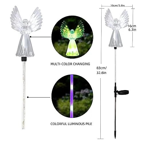 Rirool 2 Pack Solar Angel Lights, Solar Powered Garden Stake Lights, Multi-Color Changing Angel Decorative Lights for Cemetery Grave Yard Patio Outdoor Decoration Memorial Gifts