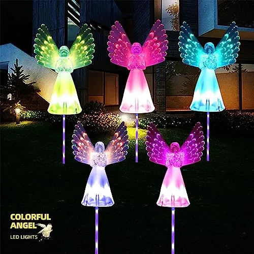 Rirool 2 Pack Solar Angel Lights, Solar Powered Garden Stake Lights, Multi-Color Changing Angel Decorative Lights for Cemetery Grave Yard Patio Outdoor Decoration Memorial Gifts