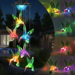 Solar Wind Chimes, LED Hummingbird Color Changing Outdoor Indoor Waterproof Mobile Decorative Outdoor Hanging Solar Lights for Home Patio Yard Garden Decor Birthday Great Gifts